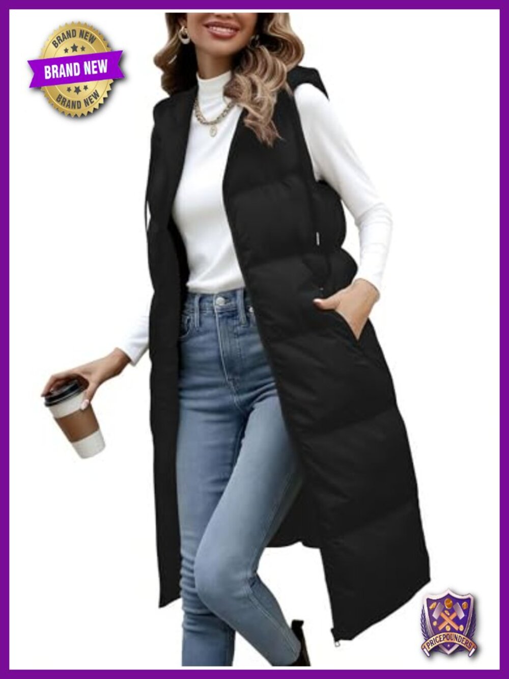 Long Puffer Vest Women Quilted Hooded Zip Up Winter Outerwear